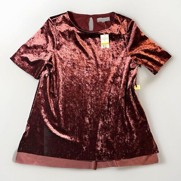 Penelope Rose Crushed Velvet 90s Short Sleeve Blouse SzS Burgundy Y2K Vamp NWT - Picture 1 of 7